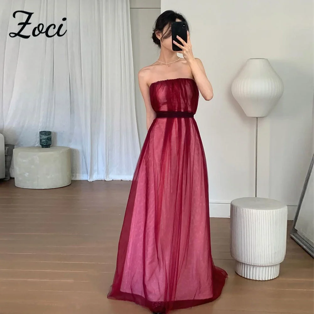 

Zoci Elegant Red Korea Evening Dresses Strapless Soft Tulle Wedding Party Dress Customized Black Belt Bride Reception Dress