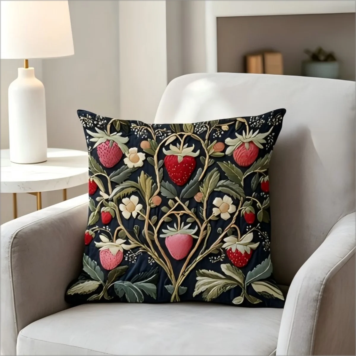 William Morris Style Strawberry Vine Print Throw Pillow Cover, Vintage Botanical Floral Decorative Cushion for Sofa Couch