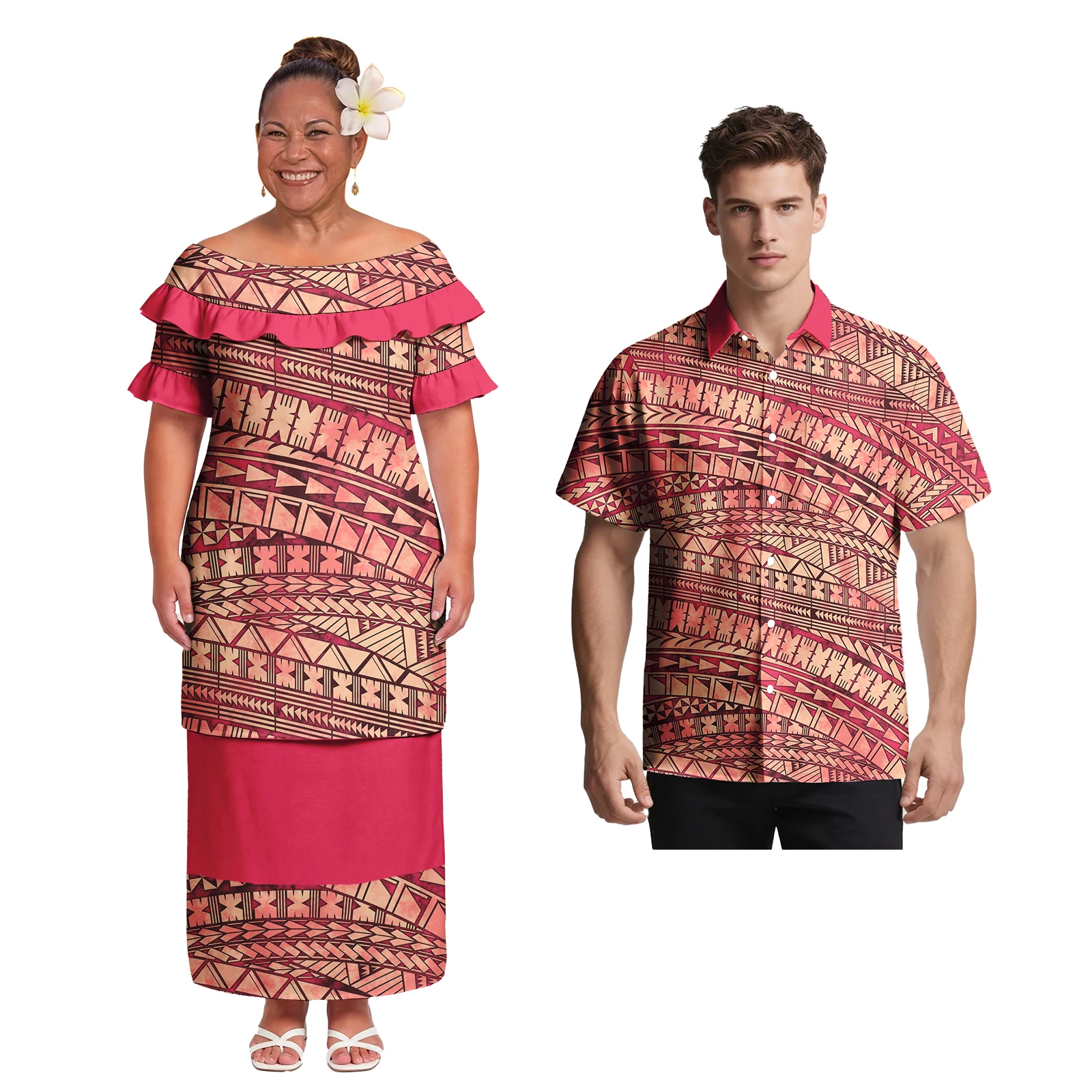 Ethnic Style Custom Samoan Polynesian Button up Design Men Shirt and Lady Maxi Dress Hawaiian Tribal Casual Couple Match Outfits