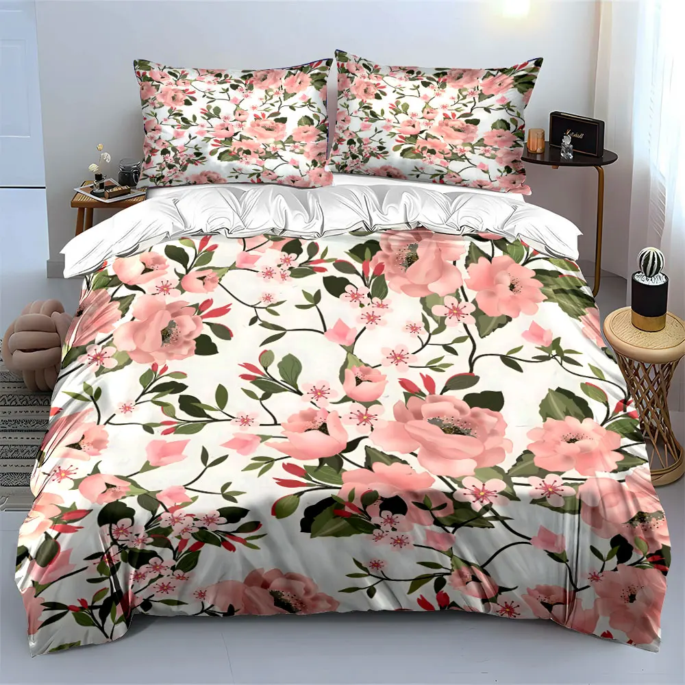 Pink flowers with green leaves ornament Print Soft Comfortable Duvet Cover Bedding Set Included 1*Duvet Cover  2*Pillowcases