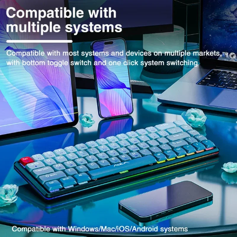 Aula-Teclado mecánico inalámbrico H68, dispositivo con Bluetooth, 3 modos, Rgb, 68 teclas, intercambio en caliente, para Pc, portátil, Gamer, 2,4g