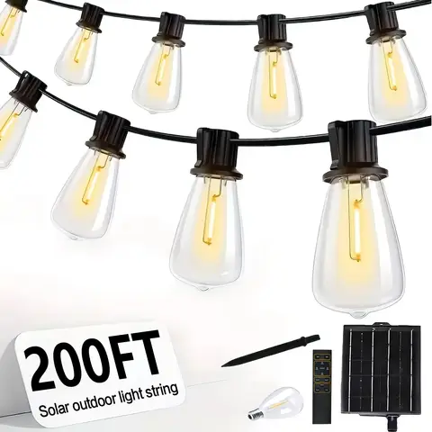 200FT ST38 Solar String Lights, 2700K Warm White, Black Wire, E12, Solar Powered with Remote, Waterproof Outdoor Patio Lights