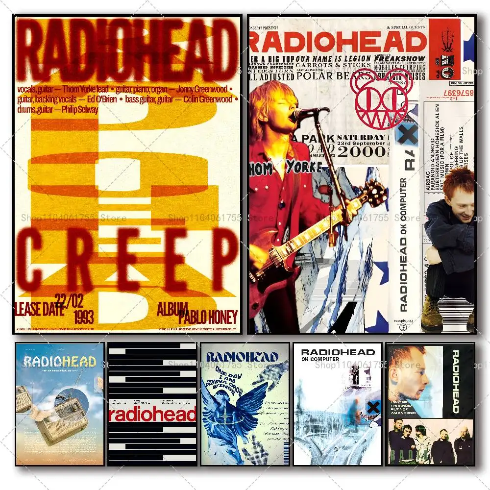 Vintage Rock Band Radiohead  Poster Self-adhesive Wall Mural Art Waterproof Sticker For Bar Room Decor High Quality Print Gift