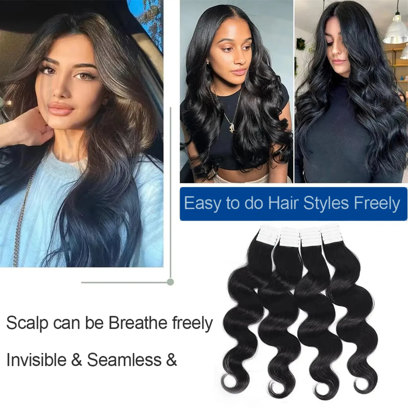 Invisible Body Wave Hair Extensions, fita em extensões de cabelo, trama dupla, 100% cabelo humano não processado, adesivo, sem costura