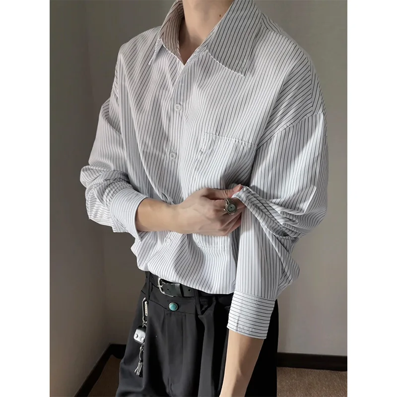 Blue Long Sleeved Shirt Men Fashion Society Mens Dress Shirt Korean Loose Casual White Striped Shirt Mens Office Formal Shirts