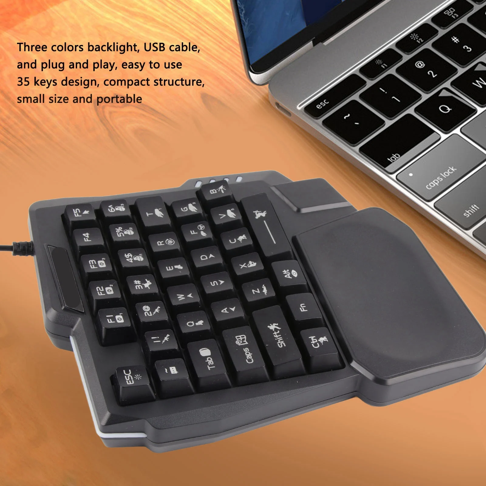 One Handed Gaming Keyboard Black 35 Keys Gaming Keyboard Ergonomic Design Wide Palm Rest ABS for Computer for Mobile Games