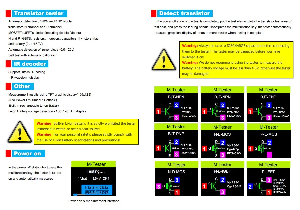 Probador de transistores con pantalla colorida de TC-T7-H, multímetro de diodo, triodo, MOS/PNP/NPN, LCR-TC1