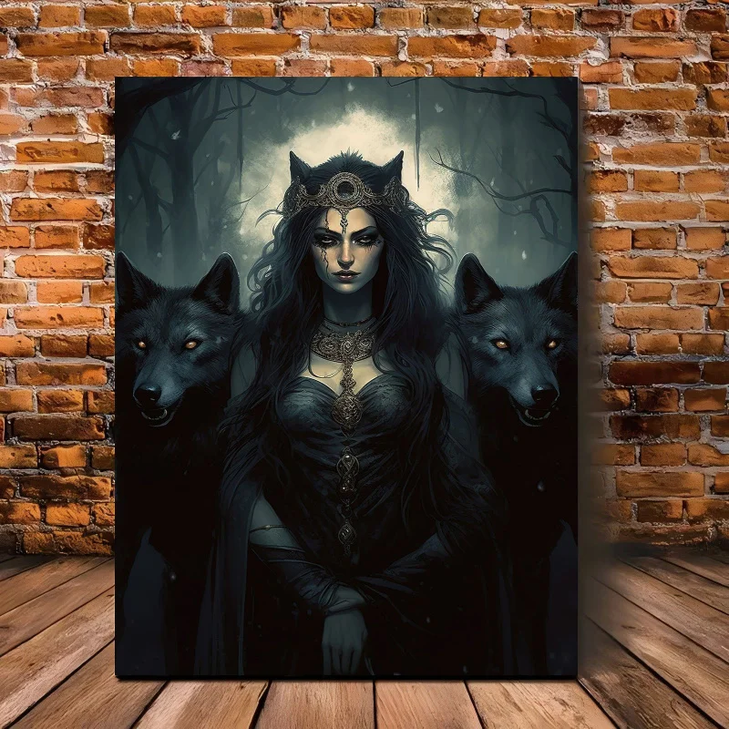 Hekate & Medusa Vintage Greek Mythology Canvas Art - Dark Goddess & Crow Witch Wall Decor, Wooden Framed, 11.8X15.7 Inches