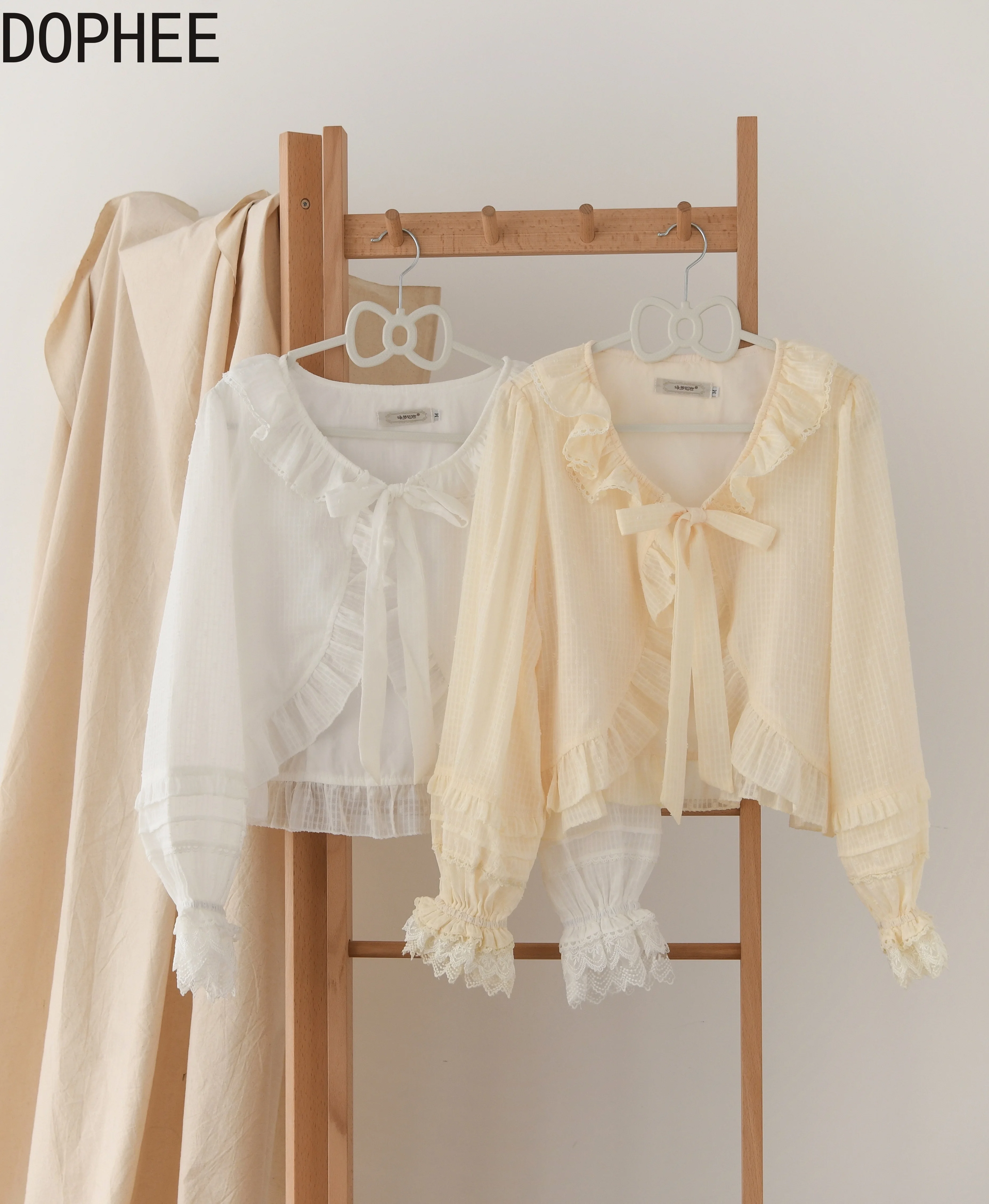 

Original Lolita Clothes New Spring Autumn Short Cardigans Coat Elegant Ruffles Bandage Bow Princess Lace Long Sleeve Women Shirt