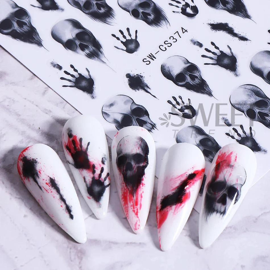 2 Stück Halloween-Nagelkunst-Aufkleber im dunklen Stil mit Skelett-Handabdruck, Spinnennetz und Fledermaus-Design, Nagelsticker für DIY-Maniküre-Dekoration. – Detail 5
