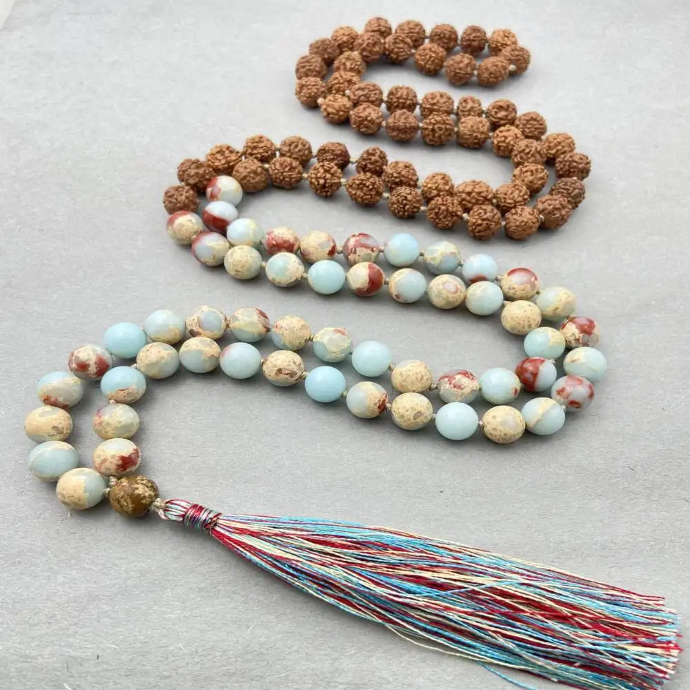 

Natural Rudraksha 108 Beads Mala Necklace with Aqua Terra Jasper Accent Multicolor Tassel Spiritual Jewelry