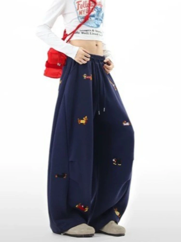 2025 Y2K الأمريكية الرجعية السراويل الفضفاضة النساء المطرزة الكلب السراويل عالية الخصر الرياضة بنطال ذو قصة أرجل واسعة Sweatpants غير رسمية الشارع الشهير