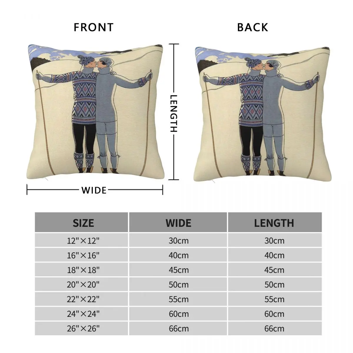 Skiing Kissing Couple French Sport Square Pillowcase Polyester Linen Velvet Printed Zip Decorative Pillow Case Car Cushion Cover