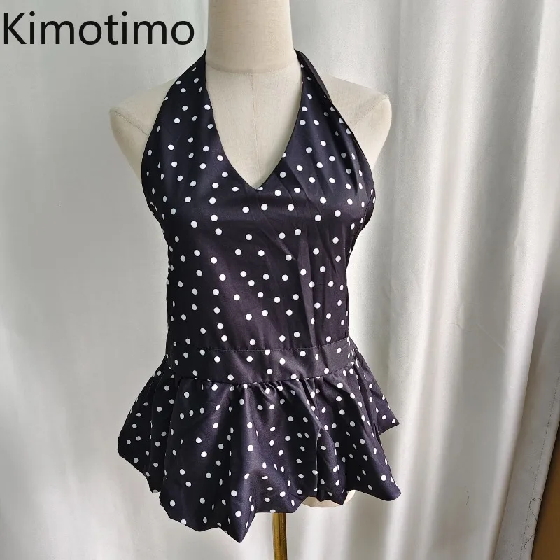 Kimotimo Sexy Polka Dot Print Vest Women 2026 Summer V Neck Halter Backless Folds Waist Slim Tanks Elegant Sleeveless Y2k Tops