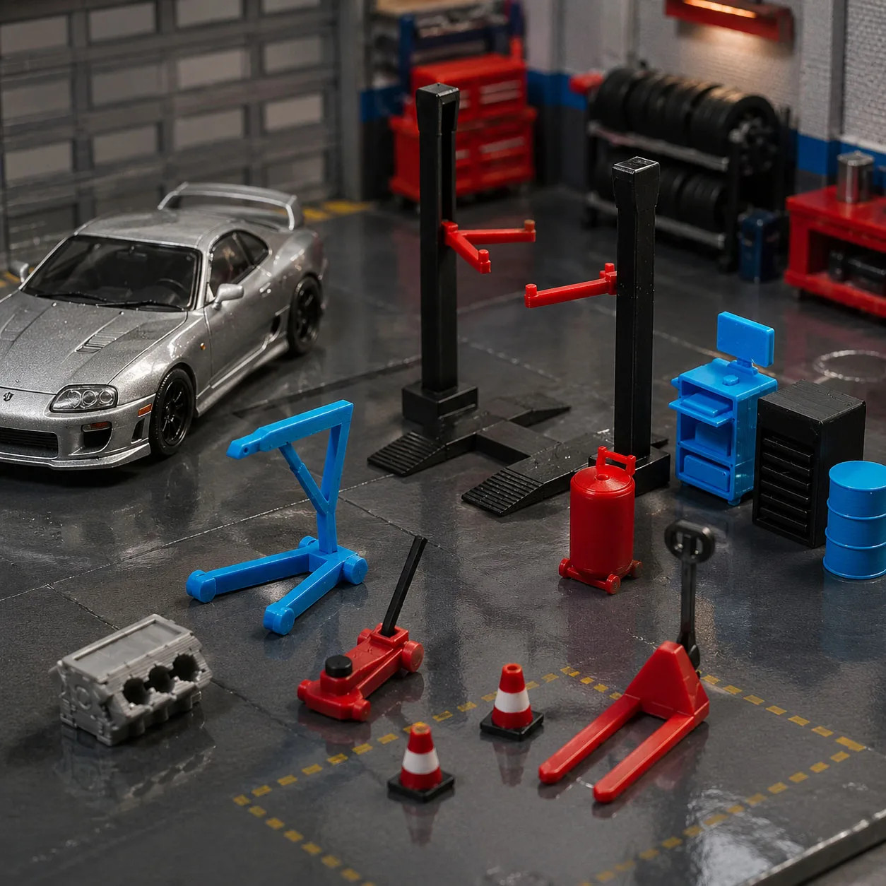 1:64 Garage-Werkstatt Miniatur-Zubehörset, Autowerkzeug-Set, Reparaturwerkstatt-Diorama-Dekor für Modellautos – Detail 8