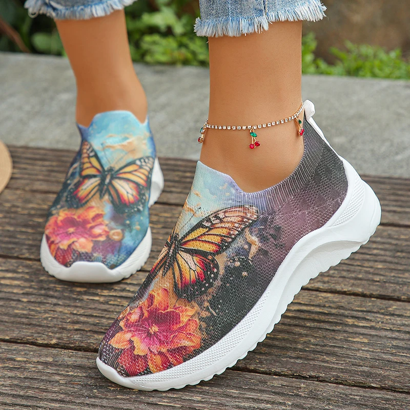 Fashion Printed Knitted Flats Women 2024 Summer Lightweight Breathable Mesh Sneakers Woman Slip On Casual Walking Shoes Size 43