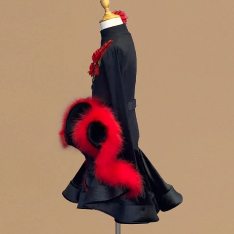 High End Rode Veer Rose Bloemen Latin Danswedstrijd Jurk Lange Mouwen Zwart Fishbone Meisjes Vrouwen Rumba Dans Jurk L18005