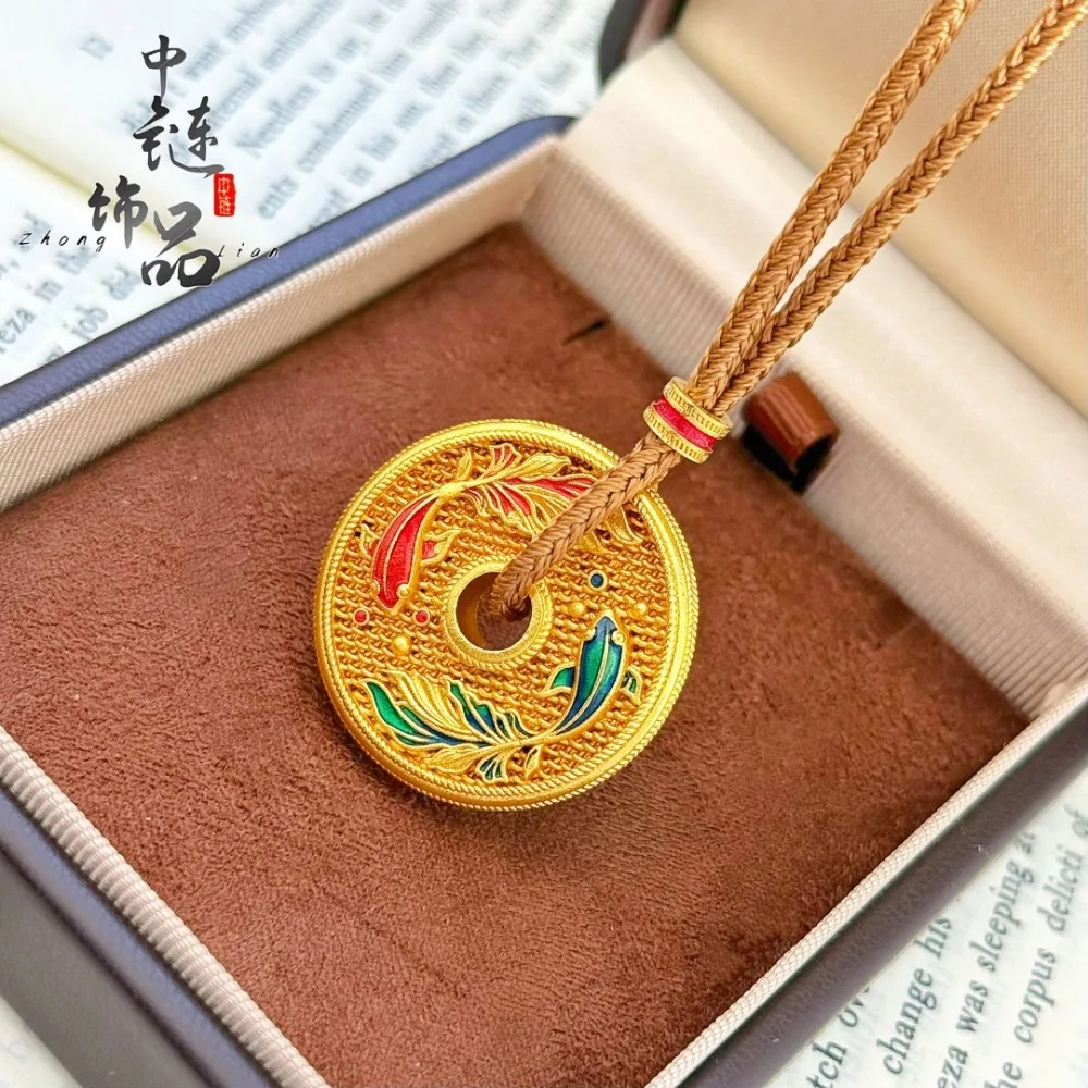 Enamel color double fish play beads peace buckle pendant new Chinese koi 9999gold