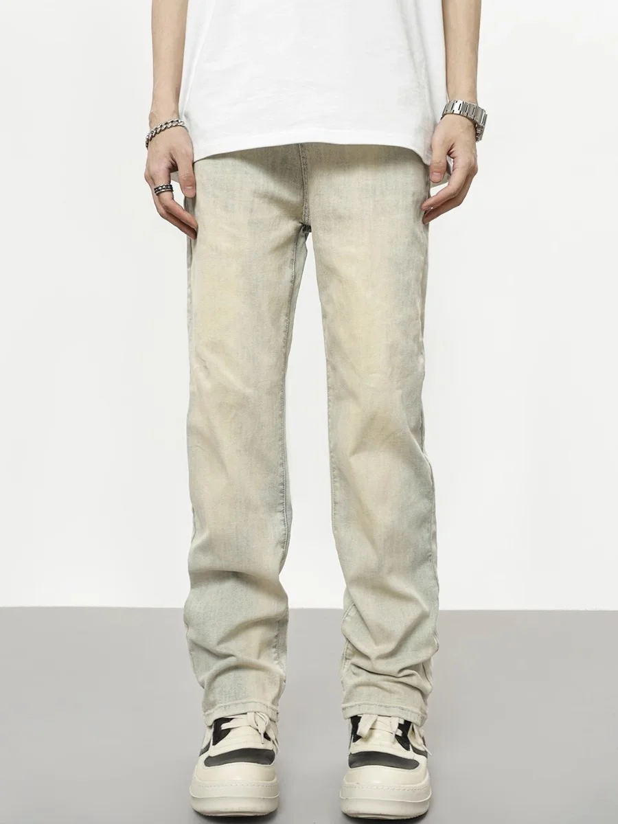 

Мужские джинсы в американском ретро-стиле, модные, с эффектом потертости, винтажные, цвета желтой глины, свободного прямого кроя, повседневные, в стиле High Street, осенние брюки