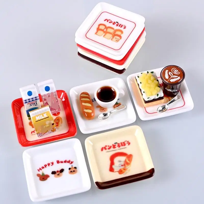 10 ชิ้น 1/12 ตุ๊กตาการ์ตูนมินิถาดจานชุดตุ๊กตาจําลองตกแต่งห้องครัวของเล่นเด็กแกล้งทําเป็นเล่นของเล่น