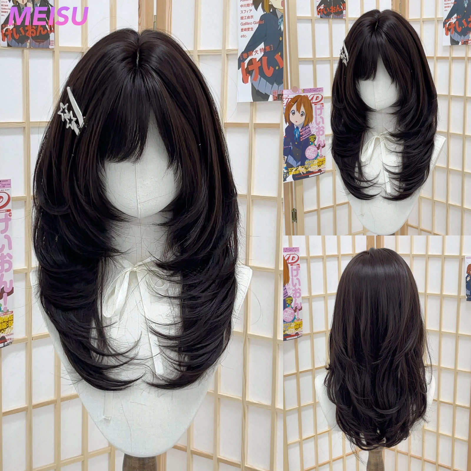 MEISU 22 Inch Synthetic Air Bangs Wig Straight Layered Black Tea Wigs Fiber Heat-resistant Party or Selfie For Women Daily Use