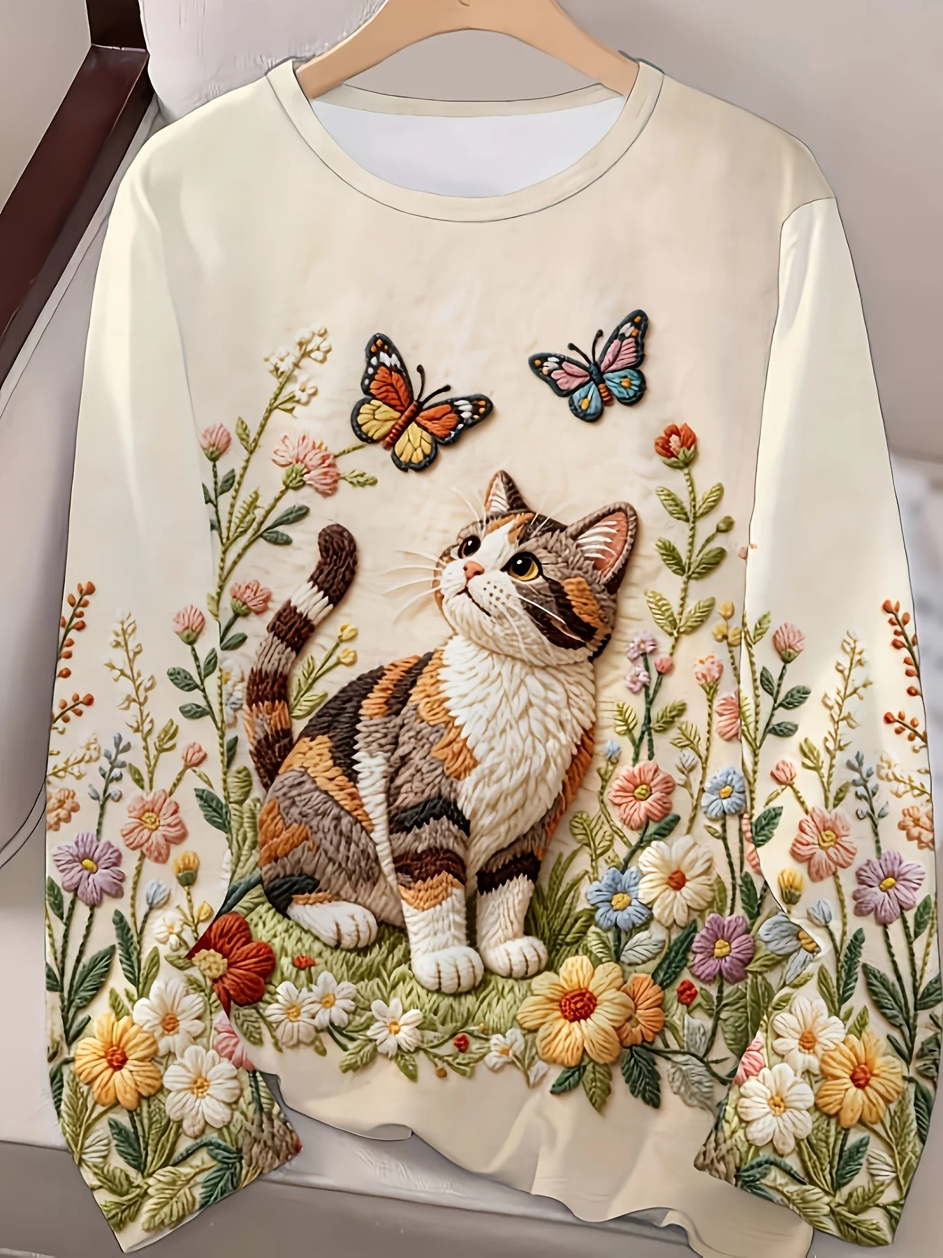 Women's Long Sleeve T-Shirt, Embroidered Calico Cat With Colorful Butterflies And Floral Garden Pattern, All-Winter Holiday Style Top Suitable For Leisure And Sports Scenarios