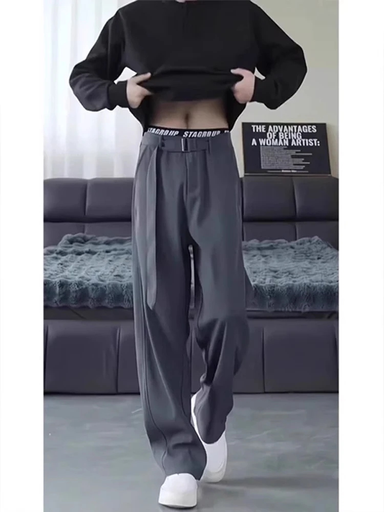 

ay Drapey Men's Wide Leg Straight Cut Trousers Cleanfit High Waist Belted Casual Pants Faionable Loose Fit Summer Wear