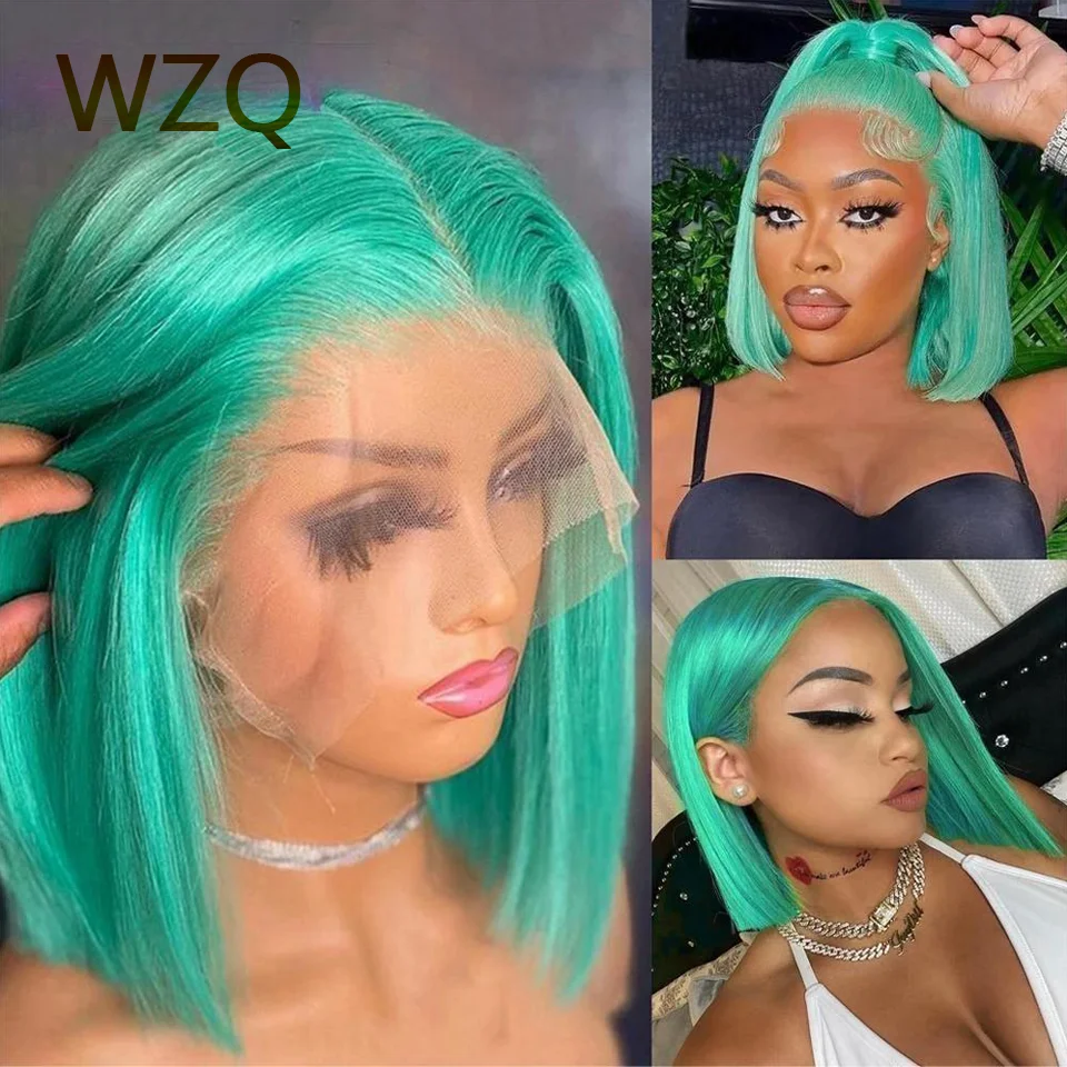 

Mint Green Short Bob Wig 180% Density 13x4 Lace Front Wig Human Hair Brazilian Remy Transparent HD Lace Frontal Wigs For Women