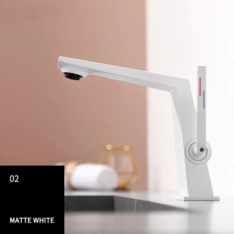 New White Basin Faucet Solid Brass Lead Free Single Lever Hot and Cold Mixer Sink Tap Bathroom Washbasin Vanity