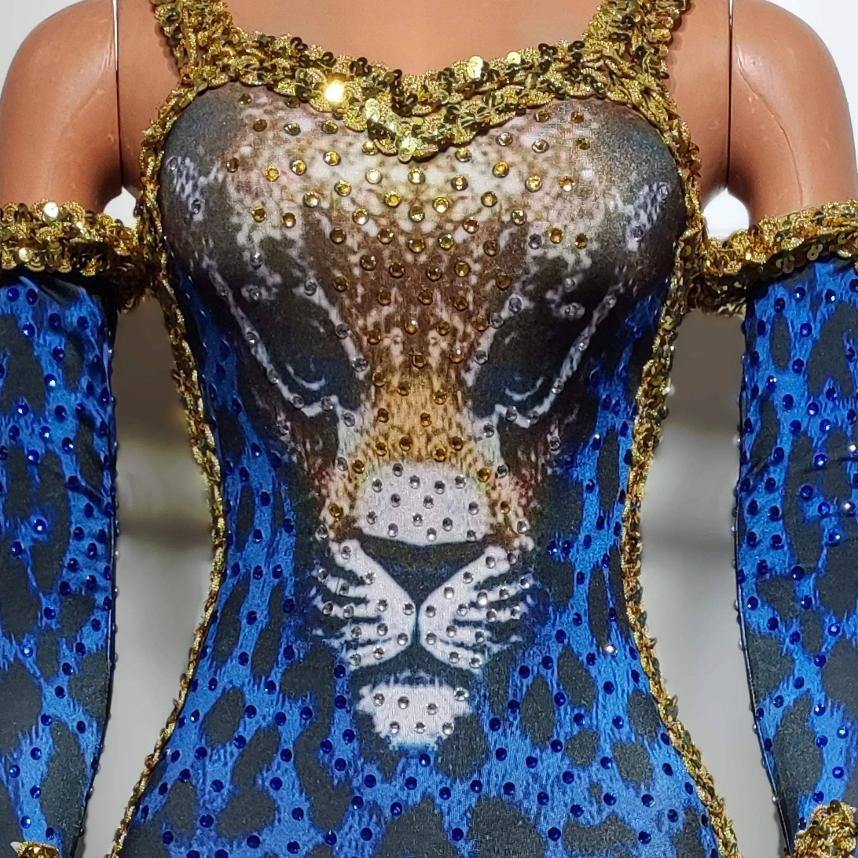 Body de leopardo azul con hombros descubiertos, ropa de actuación de cantante con lentejuelas y diamantes de imitación, mono elástico, ropa de bailarina Gogo