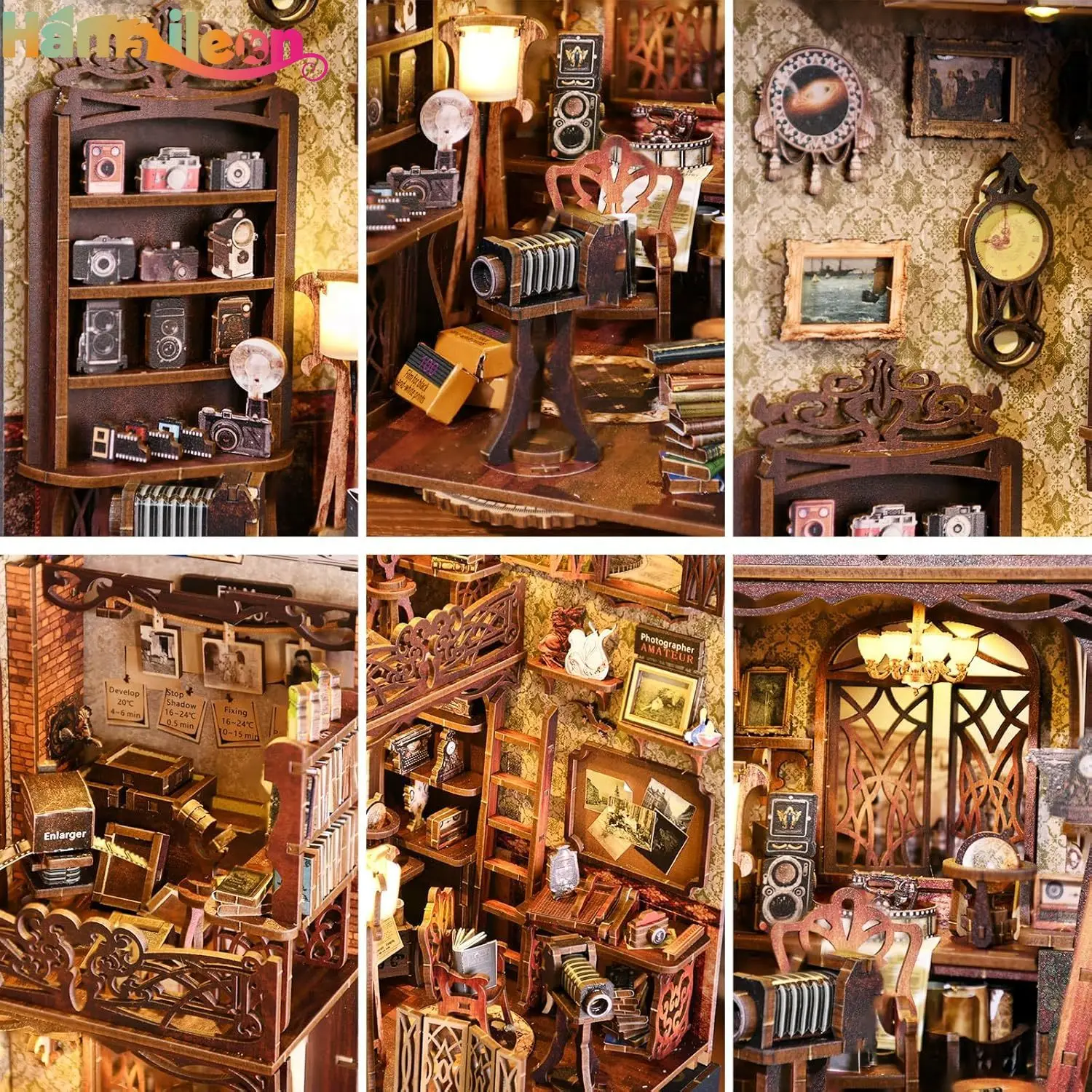 مجموعة زاوية كتب Hamaileon DIY، رف كتب لبيت الدمى، غرفة ألغاز خشبية ثلاثية الأبعاد مع ضوء LED للبالغين (غرفة مظلمة للفيلم)