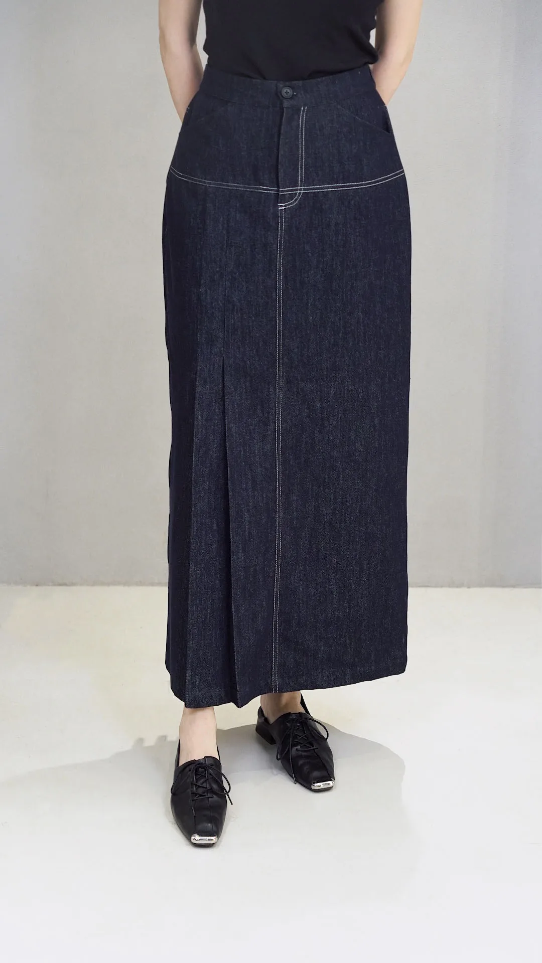 

PIMA Cotton Slimming Denim American Retro e Pleat Split Supermodel Leg f Skirt for Commuting Women's Faion