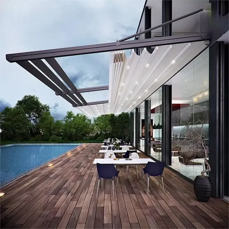 Amas Motorized Electric Canopy Aluminum Retractable Roof Waterproof PVC Pergola Automatic Patio Sun Shade Awning for Backyard