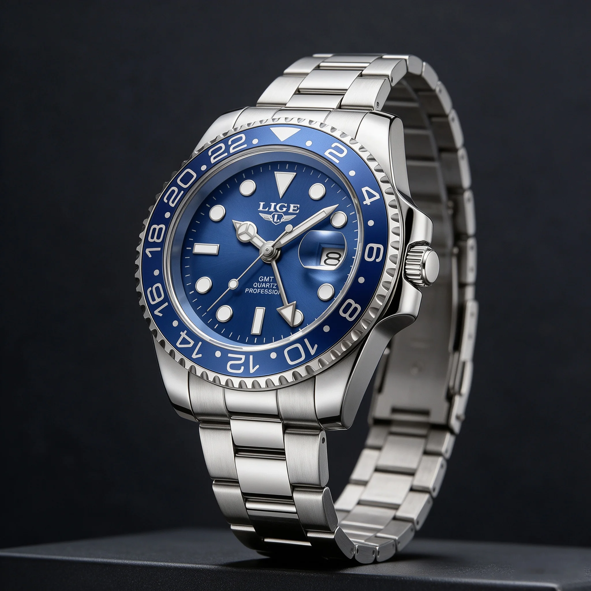 LIGE Luxury Man Wristwatch Rotating Bezel Luminous Auto Date Business Men's Watches Stainless Steel Quartz Watch for Men+Box
