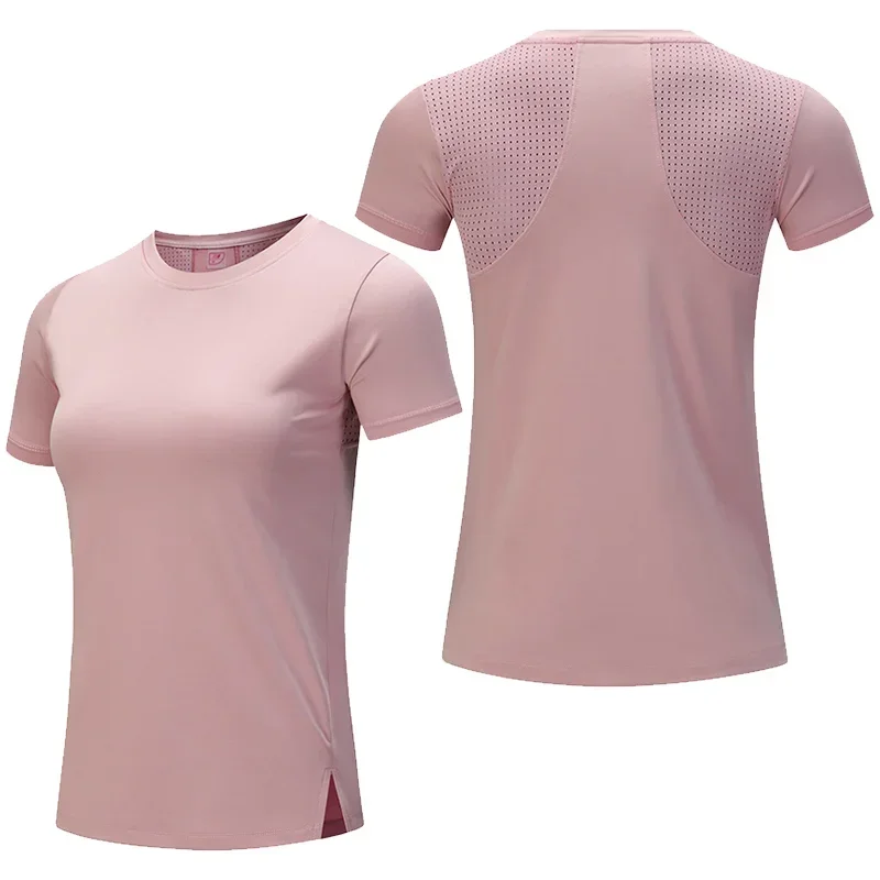 Women Gym Jogging Top Fitness Quick Dry Yoga Shirts Short Sleeve Mesh Athletic Shirt Outdoor Running Sporting Sweat Suits Pink