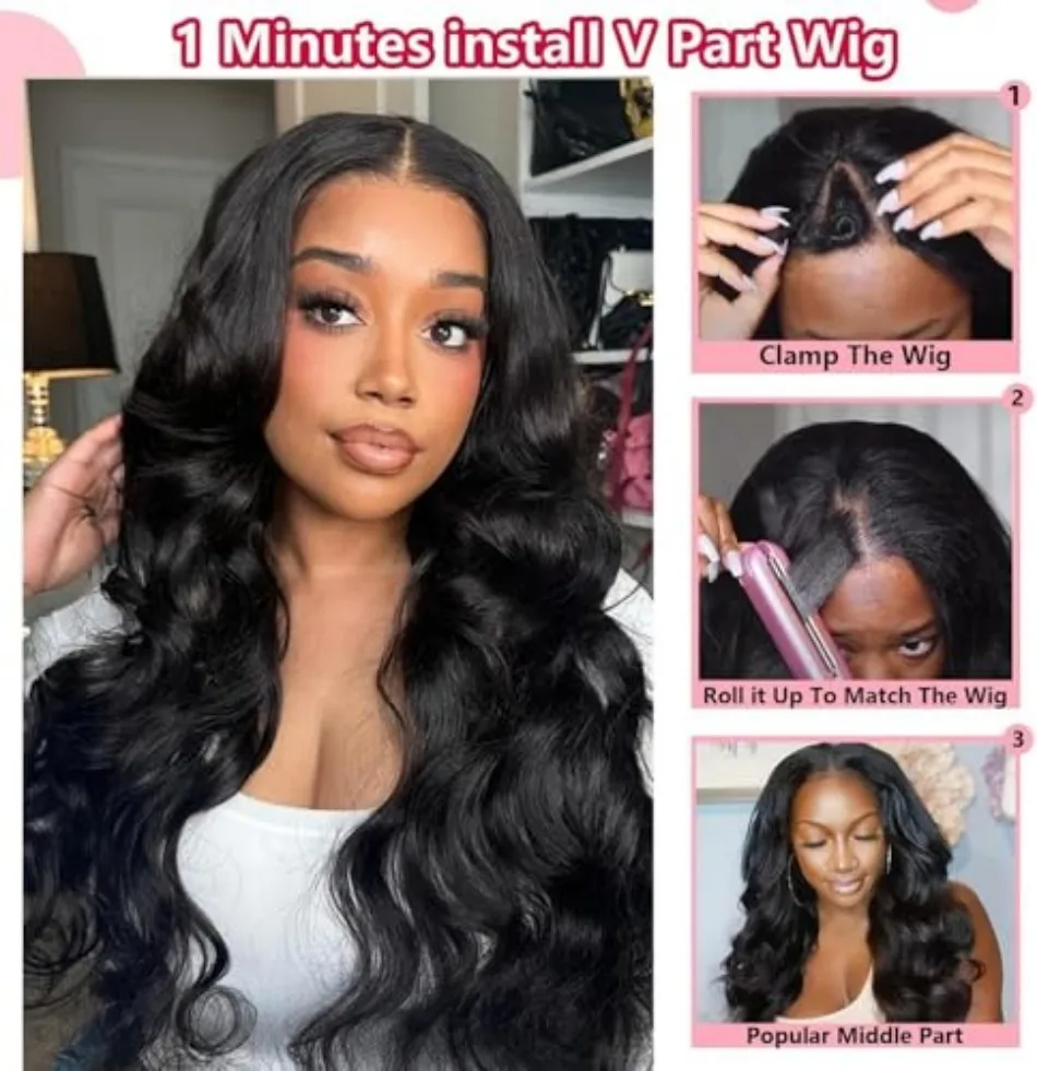 V Part Wig Body Wave Human Hair Wigs For Women Glueless Brazilian Natural Color 250 Density Machine Made V Shape Wigs 30 36 Inch image 6