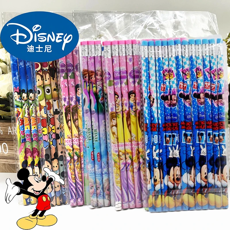 ปากกา HB รูปมิกกี้เมาส์การ์ตูนอนิเมะใหม่12ชิ้นดินสอแช่แข็งน่ารักพร้อมยางลบปากกาเขียนการ์ตูนเครื่องเขียนสำหรับนักเรียน