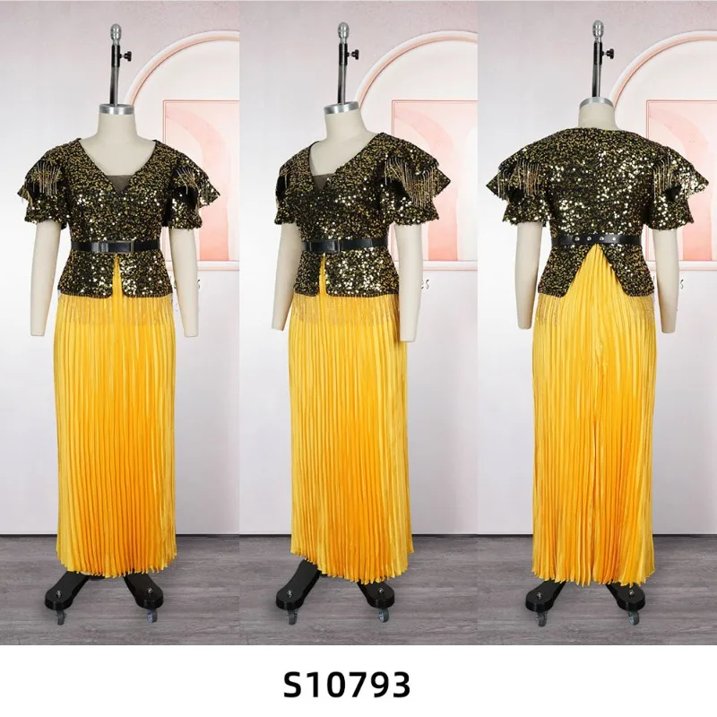 케수 플러스 사이즈 아프리카 여성용 스팽글 롱 맥시 드레스 반팔 브이넥 우아한 밑단 주름 빅 스윙 파티 드레스 두바이