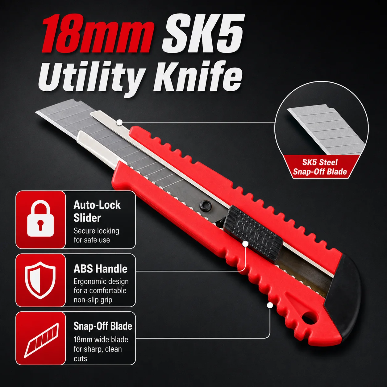 18mm Retractable Utility Knife SK5 Snap Off Blade Auto Lock Box Cutter ABS Handle for Carton Foam Board Office DIY