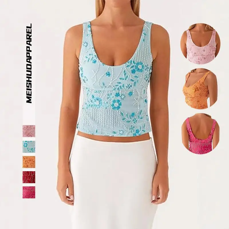 

Женский укороченный топ-жилет из полиэстера с вышивкой и бисером, облегающий, для ношения под одеждой, в уличном стиле