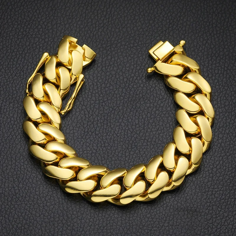 Luxury 24K 9999 Pure Gold Cuban Chain Bracelet 10mm 12mm 14mm Smooth Butterfly Buckle