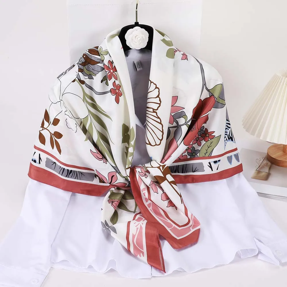 

Summer New Flower Imitation Silk Air Conditioner Shawl, European and American Style Scarf, Square Scarf, Baotou Sandstand Scarf,