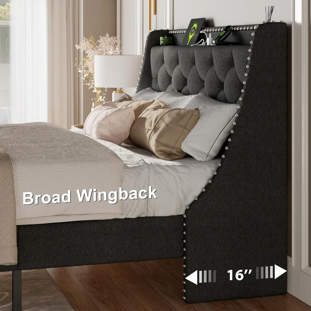 Plataforma completa Bed Frame com Wingback, estofados Botão, adornado Armazenamento Cabeceira, estação de carregamento, Bed Frames