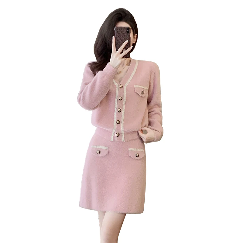 

Women's imitation mink knitted 2 pieces set, cardigan sweater jacket+high waisted A-line skirt casual set