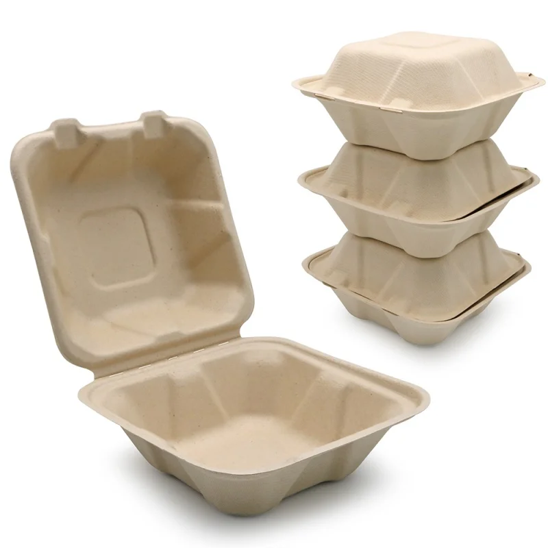 Customized product6 7 8 Inch Sugarcane Bagasse Pulp Disposable Biodegradable Brown Lunch Food Hamburger Clamshell Burger Paper B