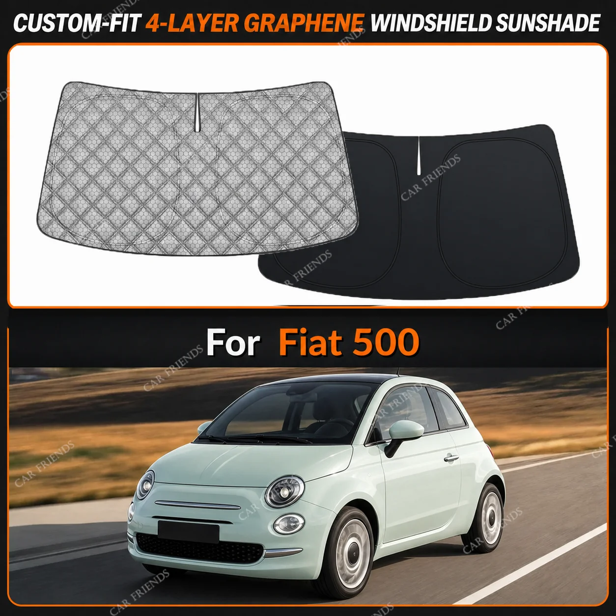 For Fiat 500 Custom-Fit 4-Layer Graphene Windshield Sunshade Reflective Gray-Silver Surface Helps Reduce Direct Sunlight