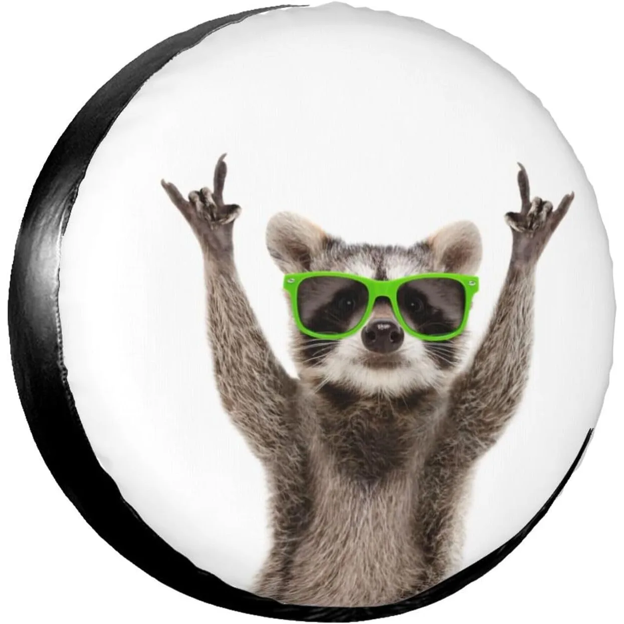 Funny Raccoon in Green Sunglasses Spare Tire Cover Cute Animal Tire Wheel Covers Waterproof Weatherproof Wheel Tire Protector