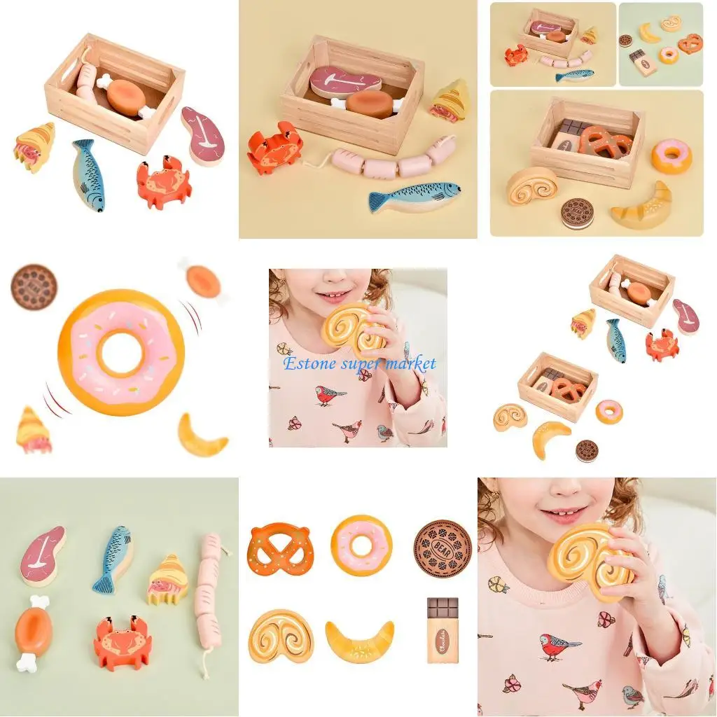 

090B Simulation Toy Pretend Play Game Dessert Donut Seafood Wooden Toy for Kids House Play Early Learning Educational