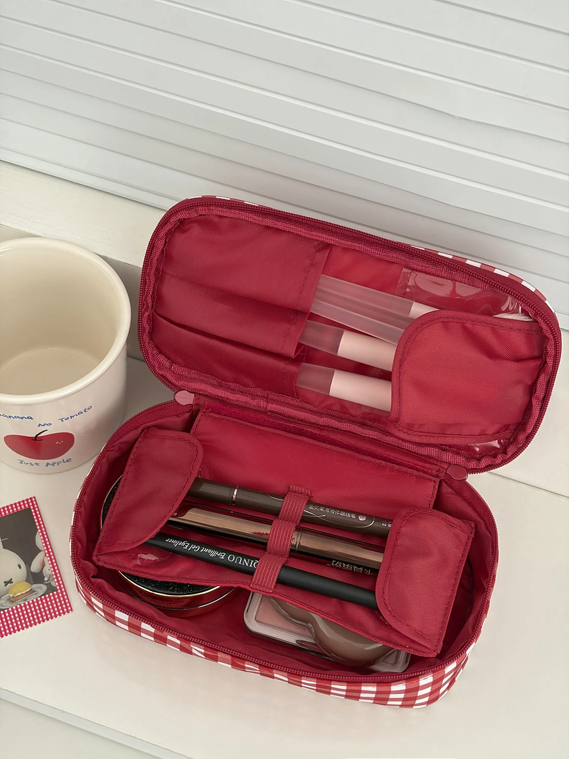 Airfriend Red Grid Women Make Up Bag Round Tote Cosmetic Storage Pouch Handbag Travel Large Capacity Lipsticks Zipper Bag
