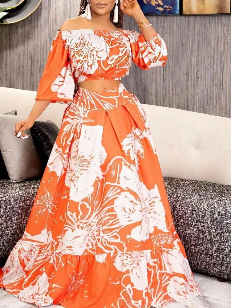 2023 Summer Fashion Boho Print Skirt Women\'s Sets Sexy V-neck Crop Top + Long Skirt 2 Piece Set Elegant Suit Women\'s Clothing